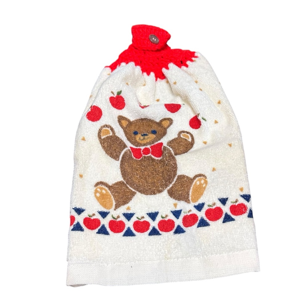 Vintage‎ Handmade Crochet Kitchen Towel Teddy Bear Apples Red White 90’s vibe